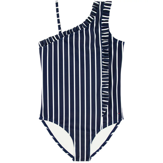 Tommy Hilfiger Big Girls Size M/8/10 Navy & White Stripe One Piece Swimsuit NWT