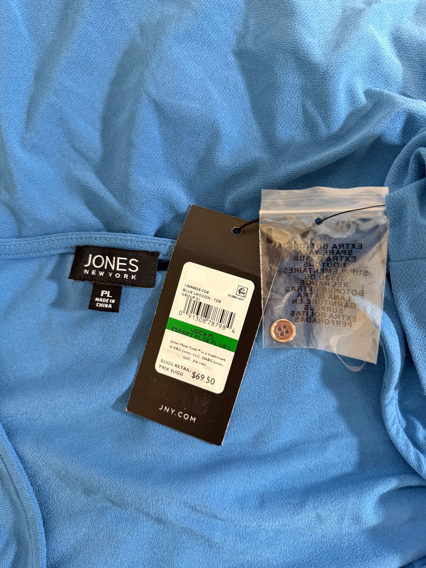 Jones New York Women's Petite Light Blue D-Ring 3/4-Sleeve Top NWT