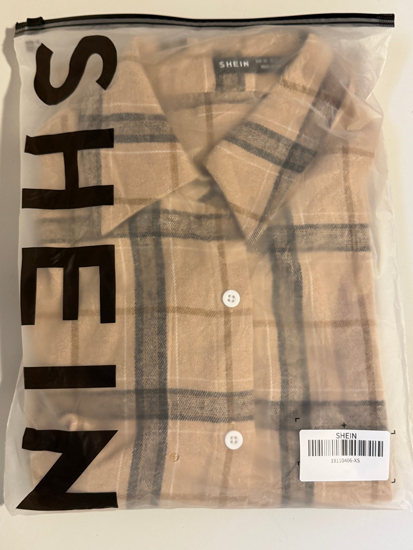 Shein Women's Beige & Brown Plaid Button-Down Collard Shirt NIB