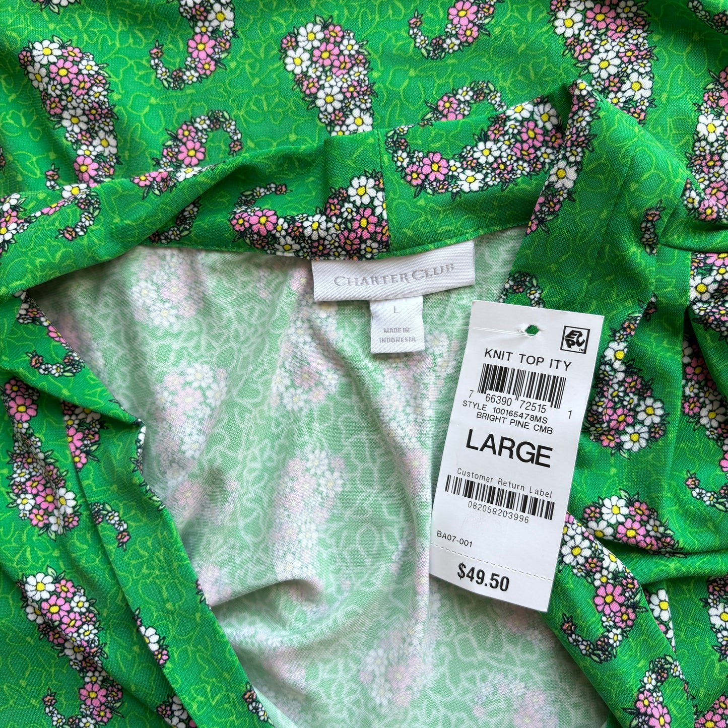 Charter Club Women's Size Large Green Floral Printed V-Neck 3/4-Sleeve Top NWT