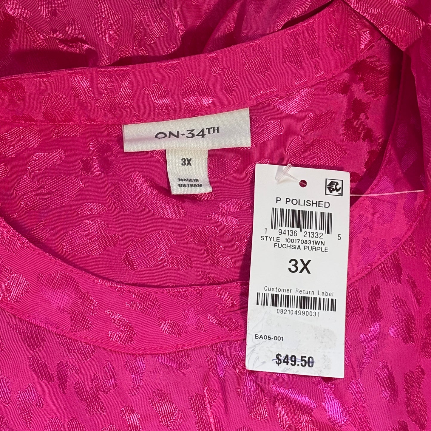 On 34th Plus Size Button Front Pink Jacquard Long Sleeved Shirt NWT
