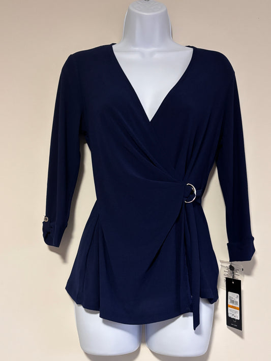Jones New York Women's Petite Navy Blue D-Ring 3/4-Sleeve Top NWT