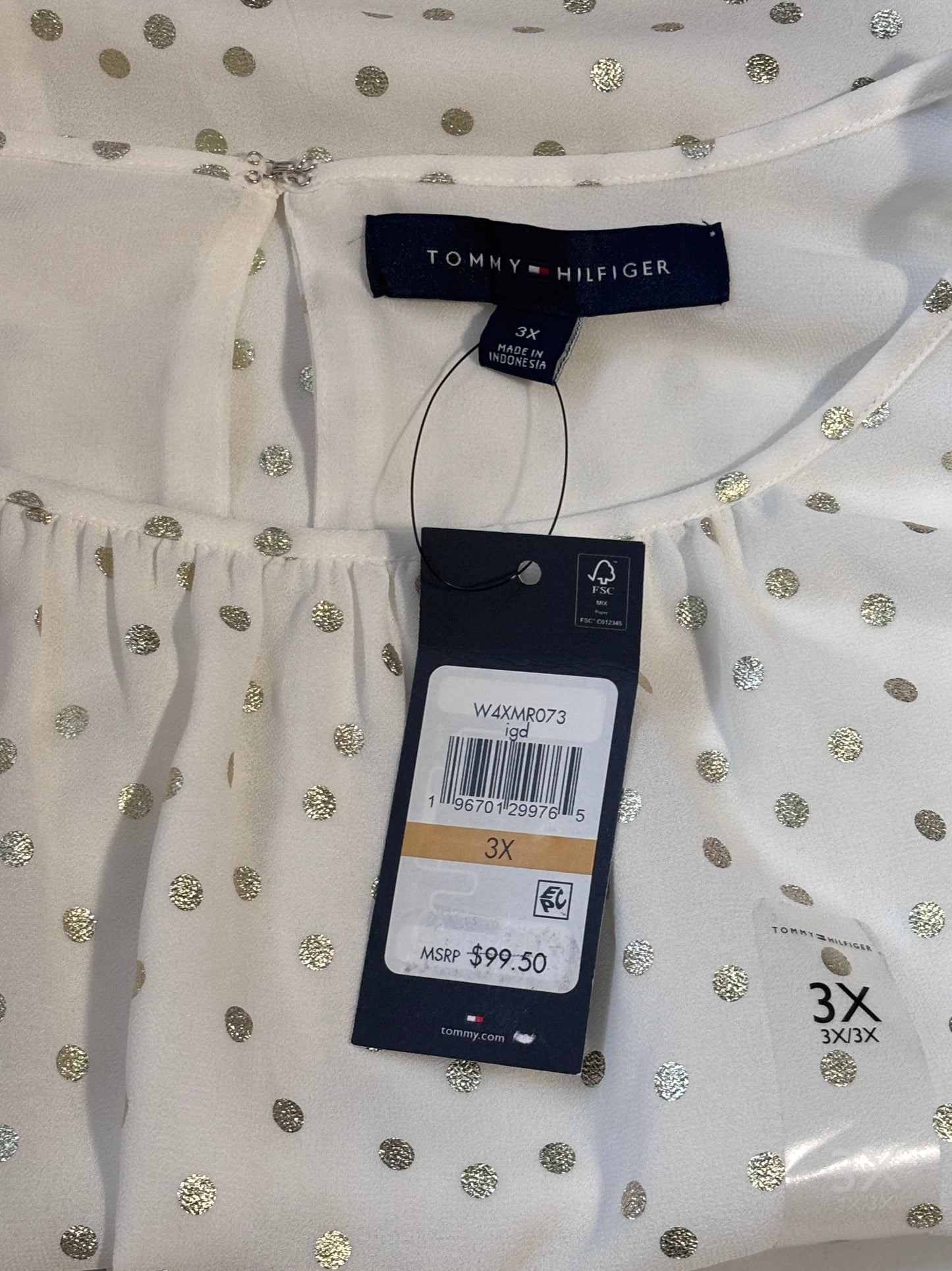 Tommy Hilfiger Plus Size White w/ Gold Metallic-Dot Bloused Peasant Top NWT