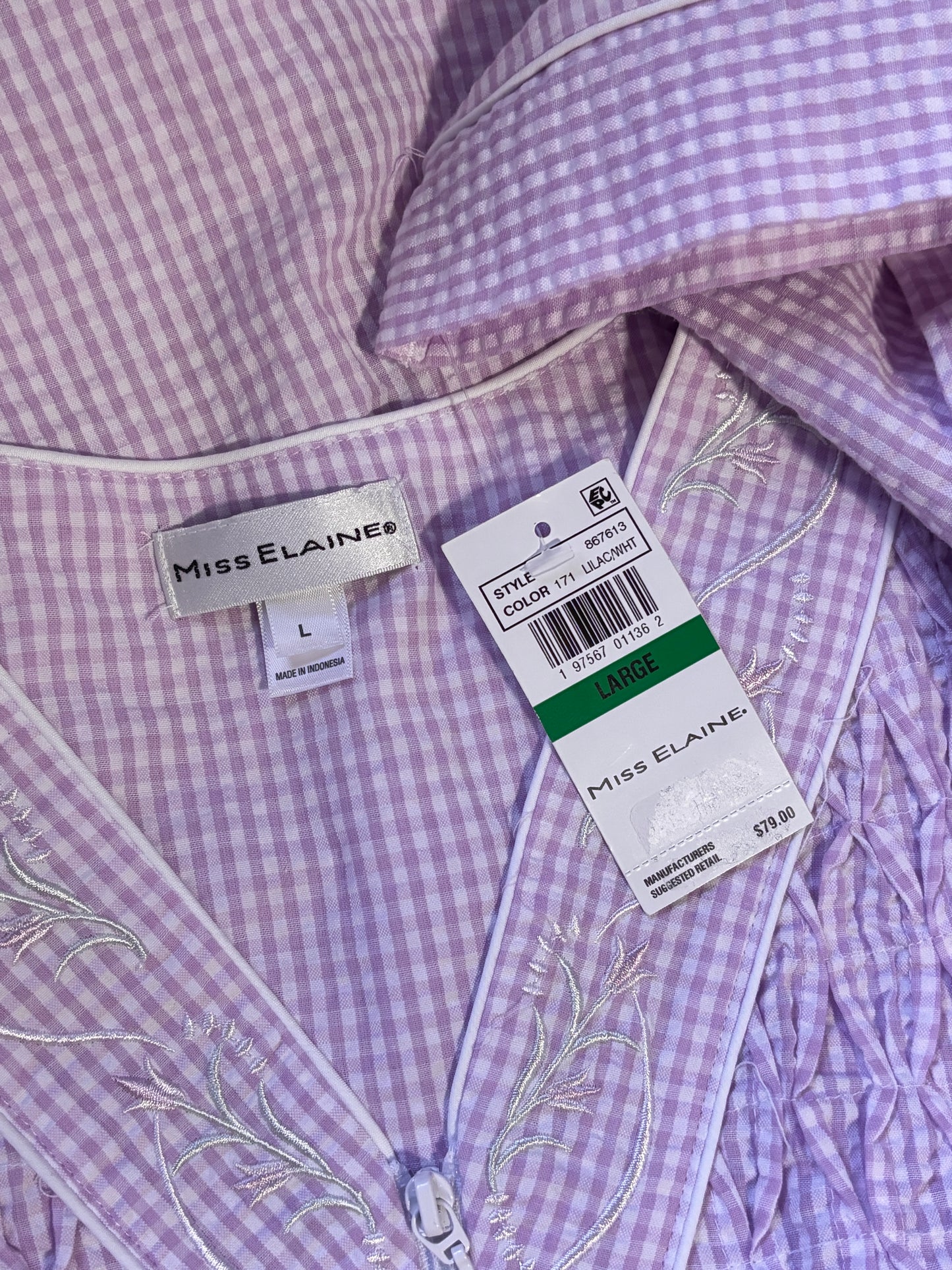 Miss Elaine Women's Purple & White Checkered 3/4-Sleeve Zip-Up Robe NWT