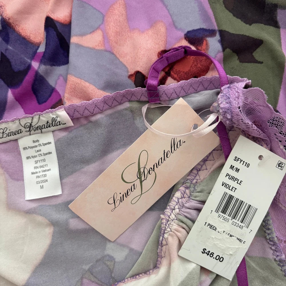 Linea Donatella Women's Purple Printed Lace-Trim Soft & Stretchy Chemise NWT