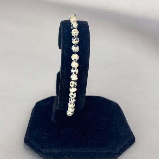4mm Dalmatian Stone Beaded Stretchy Cream & Black Bracelet