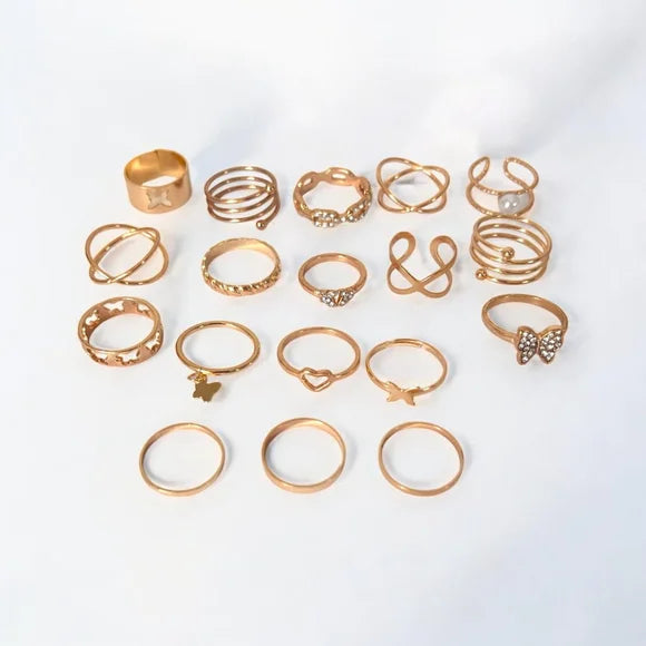 18PCS Gold Boho Ring Set Heart Bow Pearl Rhinestone Stacking Rings Women Jewelry