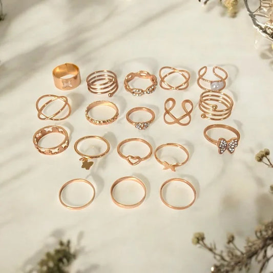 18PCS Gold Boho Ring Set Heart Bow Pearl Rhinestone Stacking Rings Women Jewelry