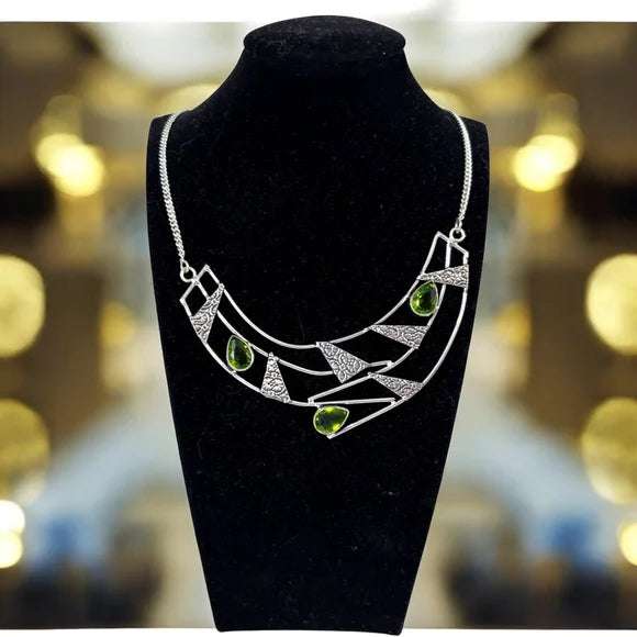 925 Silver Plated Green Peridot Semi-Precious Gem Necklace Jewelry