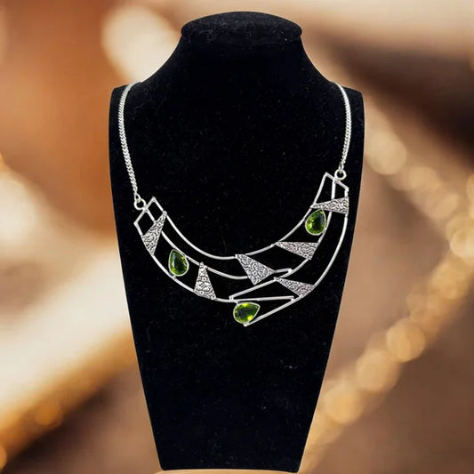 925 Silver Plated Green Peridot Semi-Precious Gem Necklace Jewelry