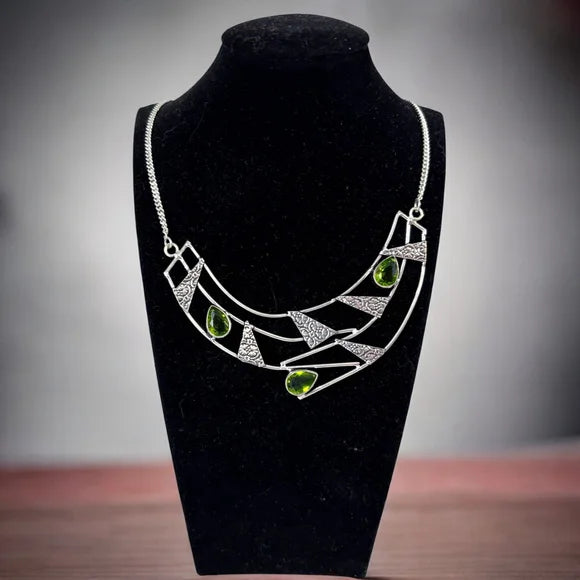 925 Silver Plated Green Peridot Semi-Precious Gem Necklace Jewelry