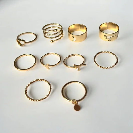 9PCS Gold Chic Ring Set Heart Dinosaur Moon Stacking Ring Set Women's