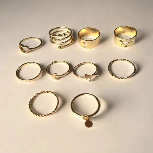 9PCS Gold Chic Ring Set Heart Dinosaur Moon Stacking Ring Set Women's