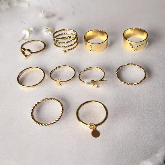 9PCS Gold Chic Ring Set Heart Dinosaur Moon Stacking Ring Set Women's