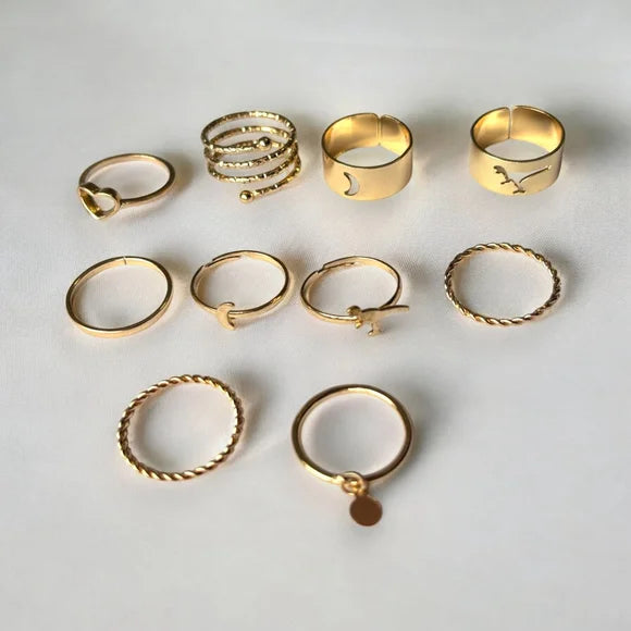 9PCS Gold Chic Ring Set Heart Dinosaur Moon Stacking Ring Set Women's