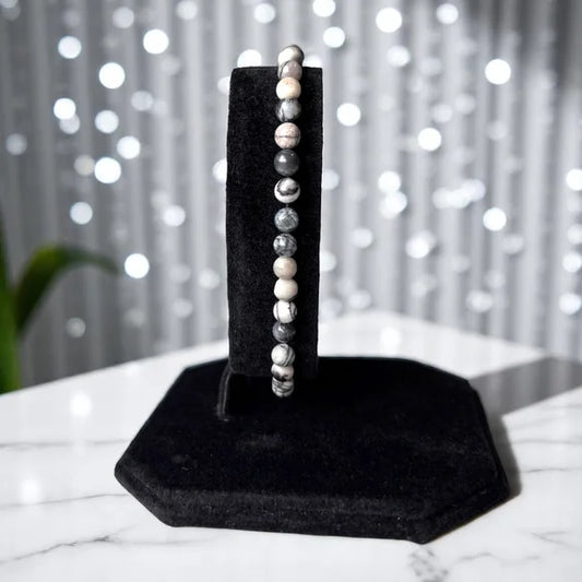 4mm Black Web Stone Natural Gemstone Beaded Stretchy Bracelet