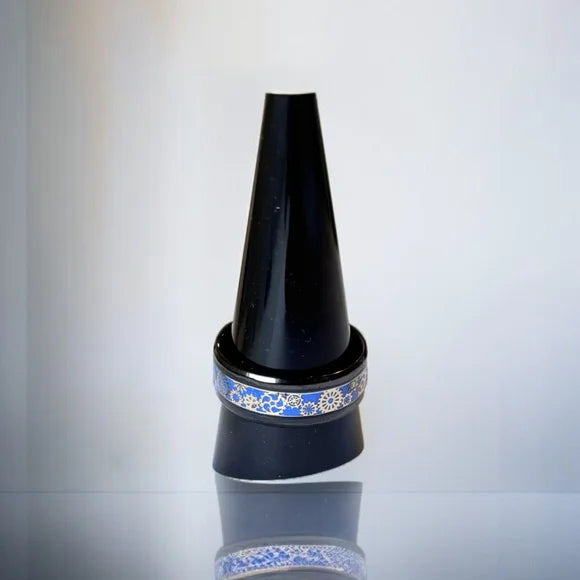 Men’s Bold Gear Ring – Black with Blue Inlay, Stainless Steel