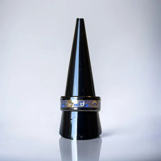 Men’s Bold Gear Ring – Black with Blue Inlay, Stainless Steel