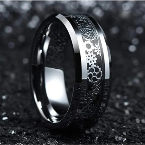 Men’s Bold Gear Ring – Silver with Black Inlay, Stainless Steel