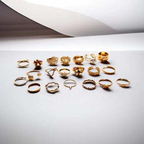 20PCS Gold Aesthetic Ring Set Pearl Wave Leaf Infinity Knuckle Rings Women