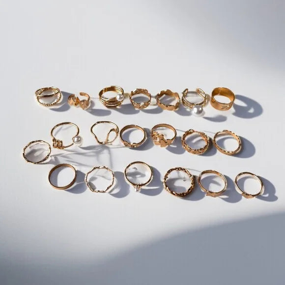 20PCS Gold Aesthetic Ring Set Pearl Wave Leaf Infinity Knuckle Rings Women