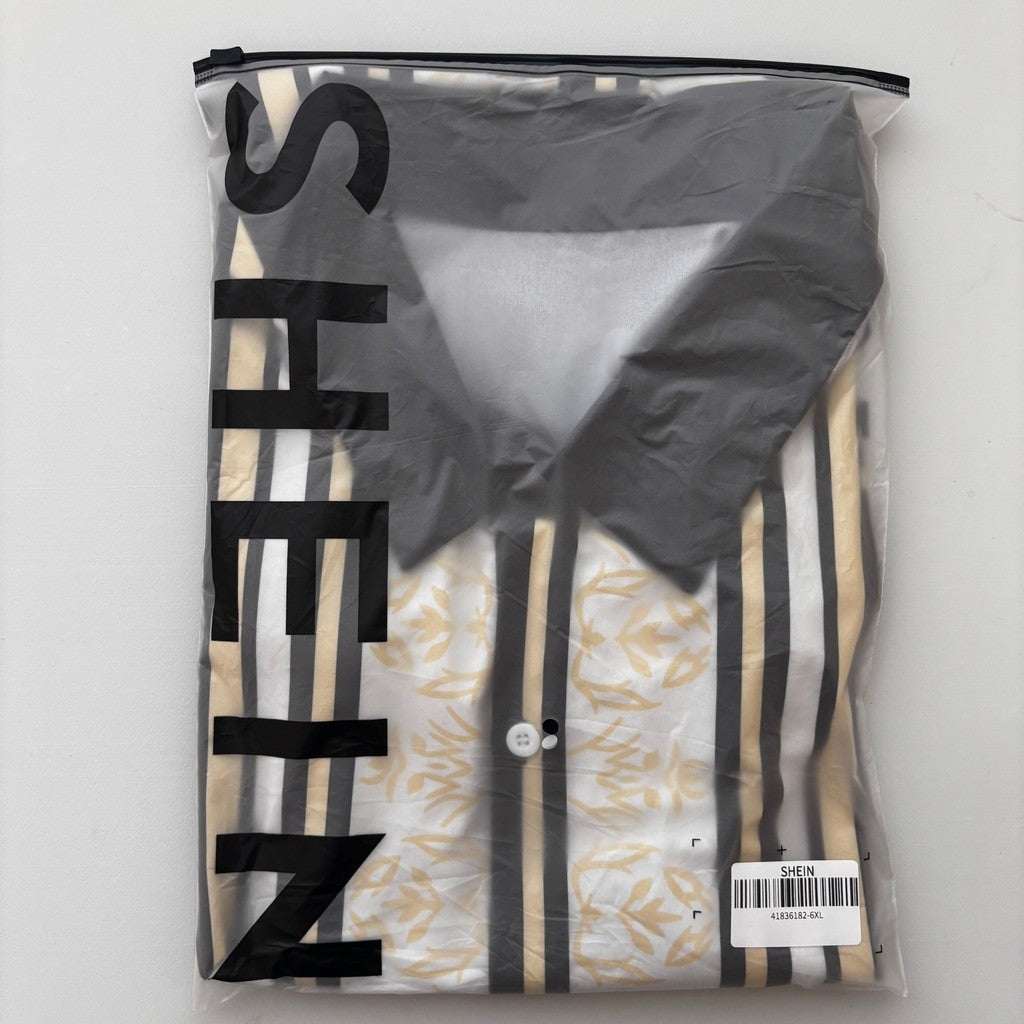 SHEIN Manfinity Men's 6XL Button-Up Shirt Black White Yellow Geometric Print NIB