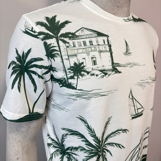 Shein Men's Large White & Green Tropical Beach & Palm Tree T-Shirt NIB
