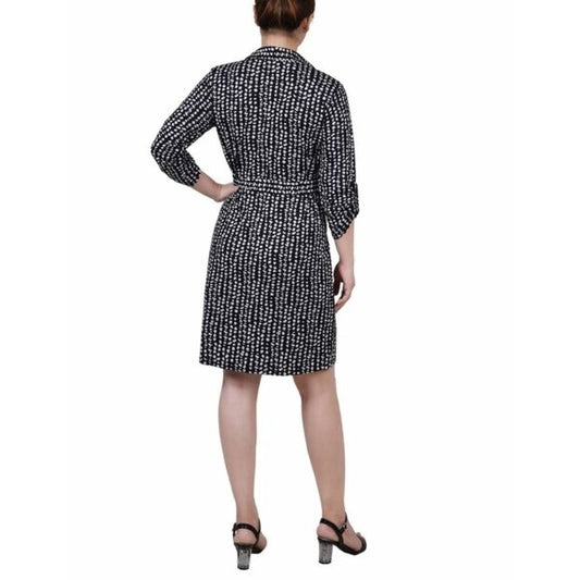 NY Collection Medium Petite 3/4-Sleeve Black and White Printed Shirt Dress NWT