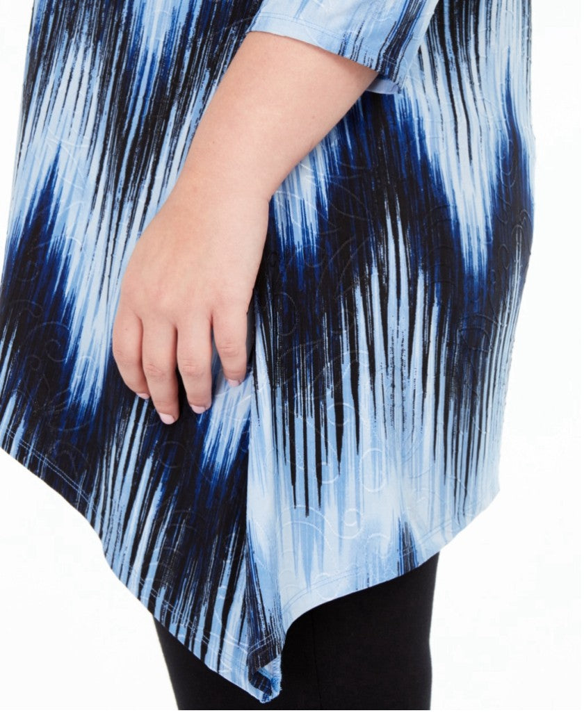 NY Collection Plus Size 3X Blue, White & Black Printed Handkerchief-Hem Top NWT