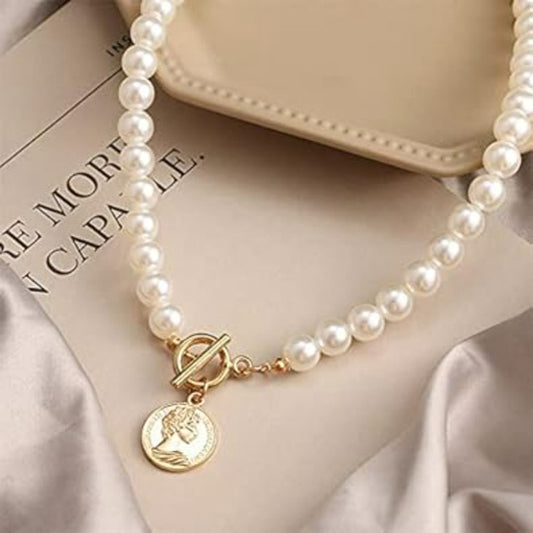 Women's Faux Pearl Choker Necklace Toggle Clasp with Coin Charm Pendant NWT