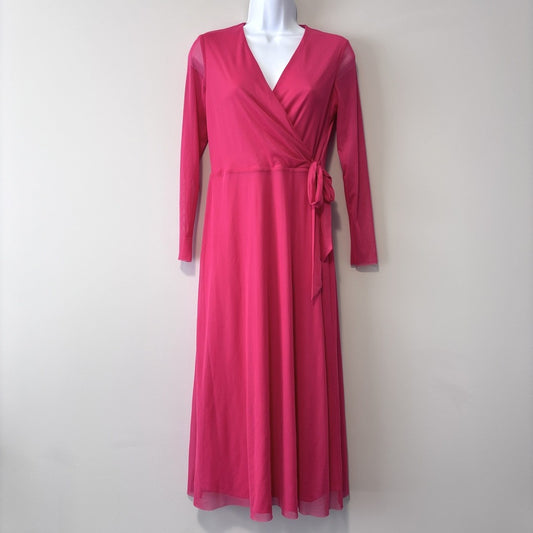 Anne Klein Women's Extra Small Pink Faux-Wrap Mesh-Sleeve Midi Dress NWT