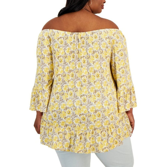 Style & Co. Plus Size 0X Yellow Floral Printed On-Off Top with 3/4 Sleeves NWT
