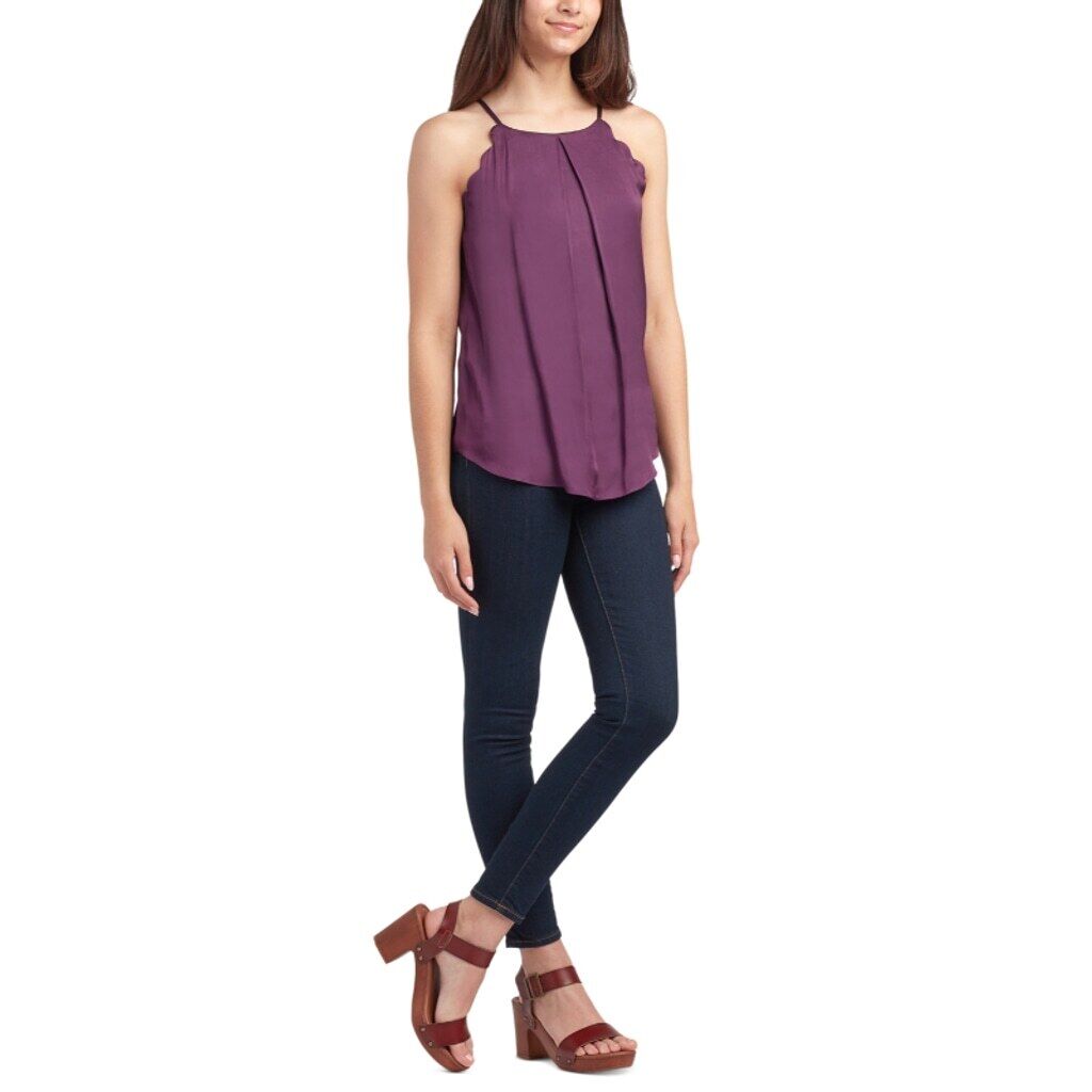 BCX Juniors' XS High-Neck Scallop-Edge Purple Sleeveless Satin Top NWT