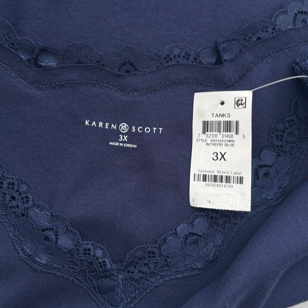 Karen Scott Women's Plus Size 3X 100% Cotton Navy Blue Lace-Trim Top NWT