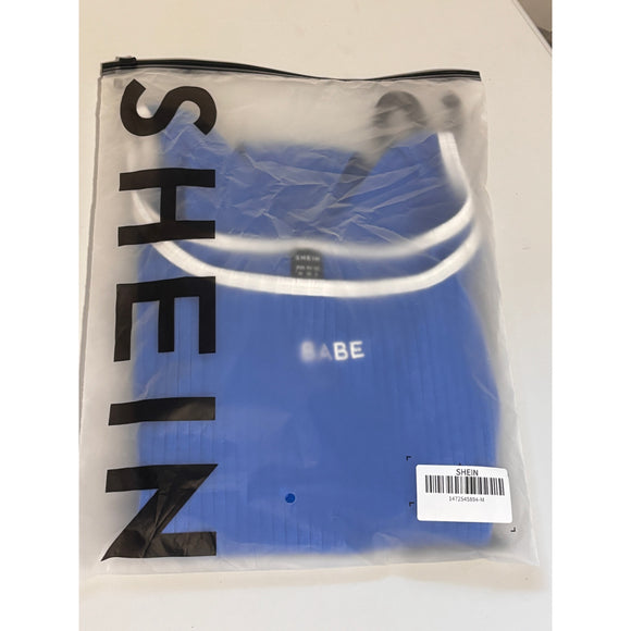 SHEIN Size Medium Blue & White Ribbed “BABE” Short Sleeve Bodysuit NWT