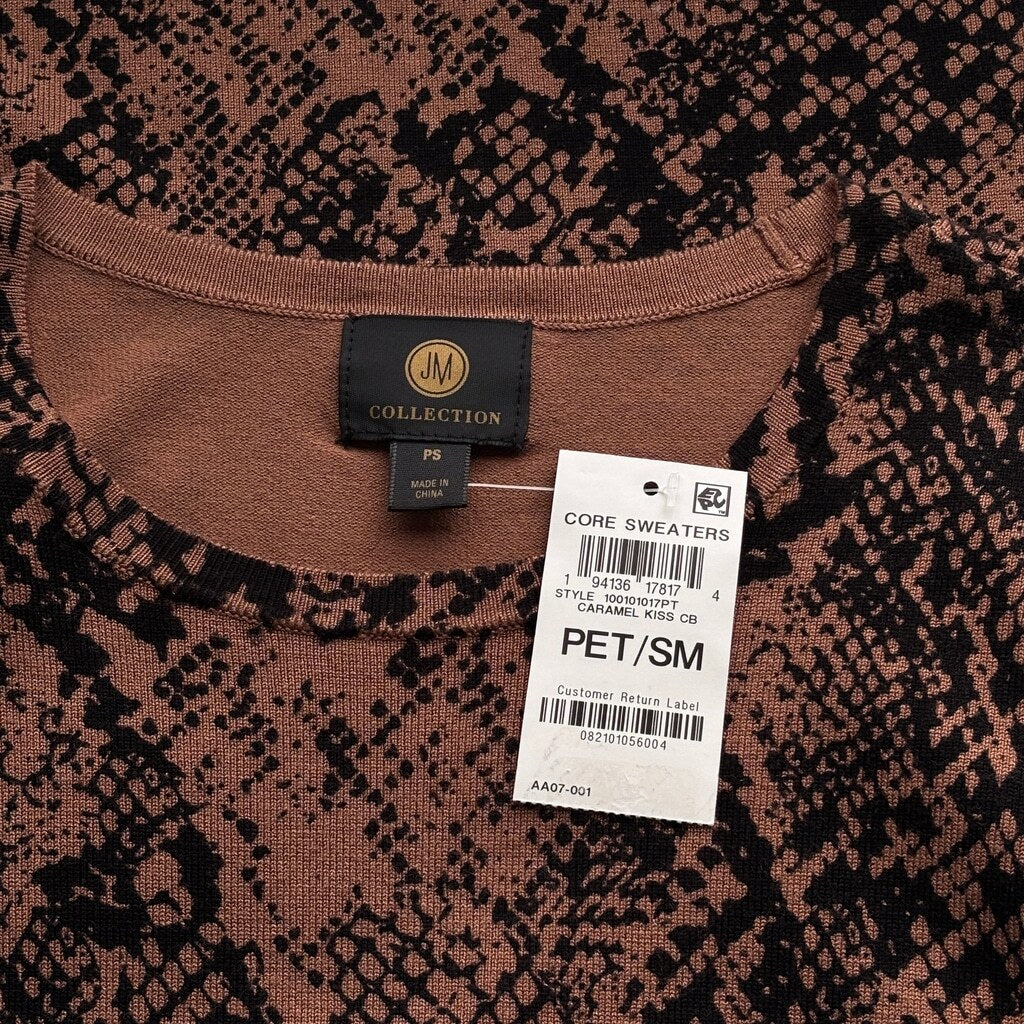JM Collection Small Petite Brown & Black Python Print Buttoned-Cuff Sweater NWT