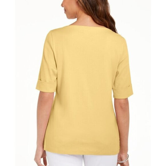 Karen Scott Women's 100% Cotton Yellow Boat-Neck Top / T-Shirt NWT.