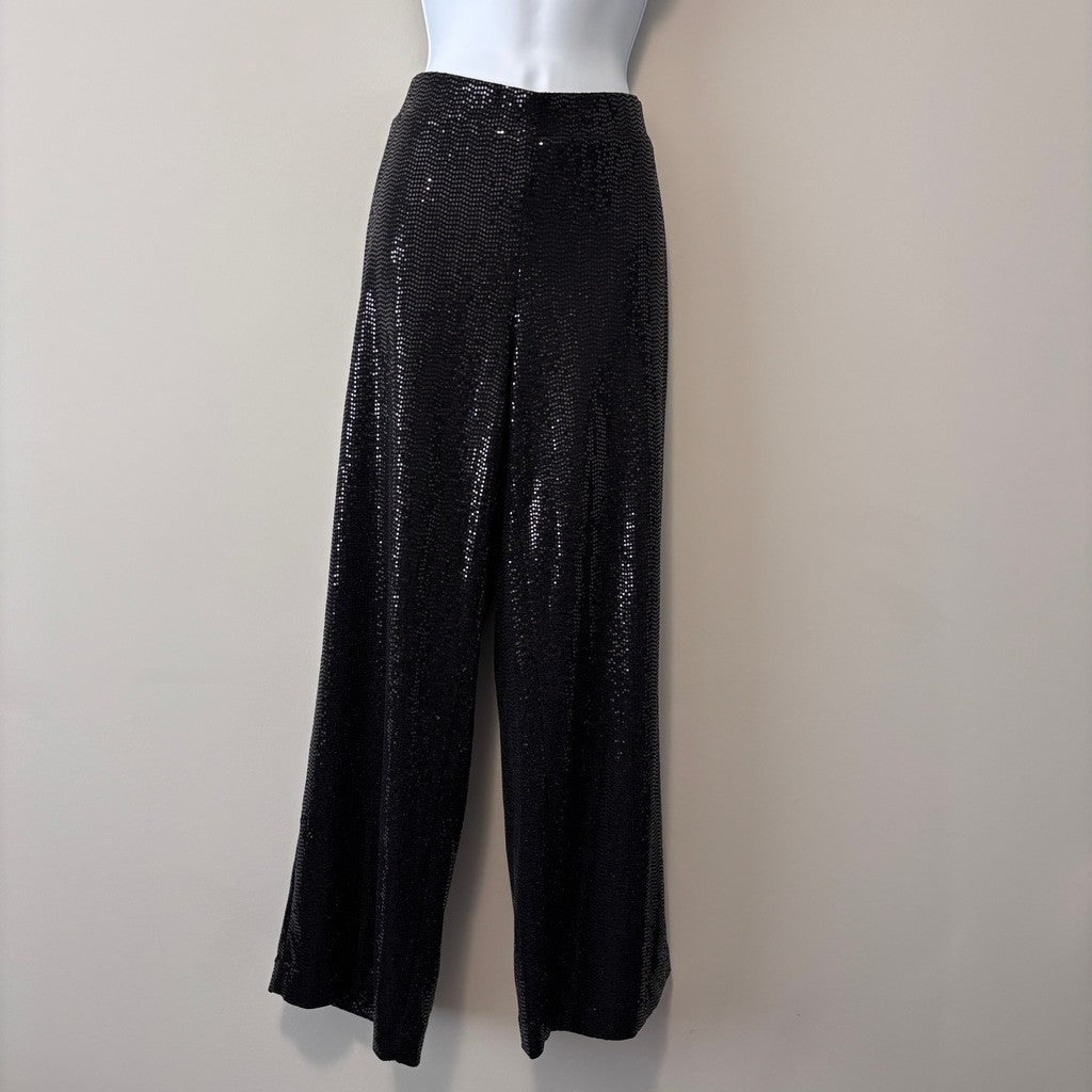 Anne Klein Medium Petite Black Shine Pull-On Mid-Rise Wide-Leg Sparkle Pants NWT