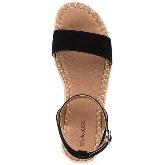 Style & Co Women's 6 Black & Tan Ankle-Strap Espadrille Flat Sandals NIB