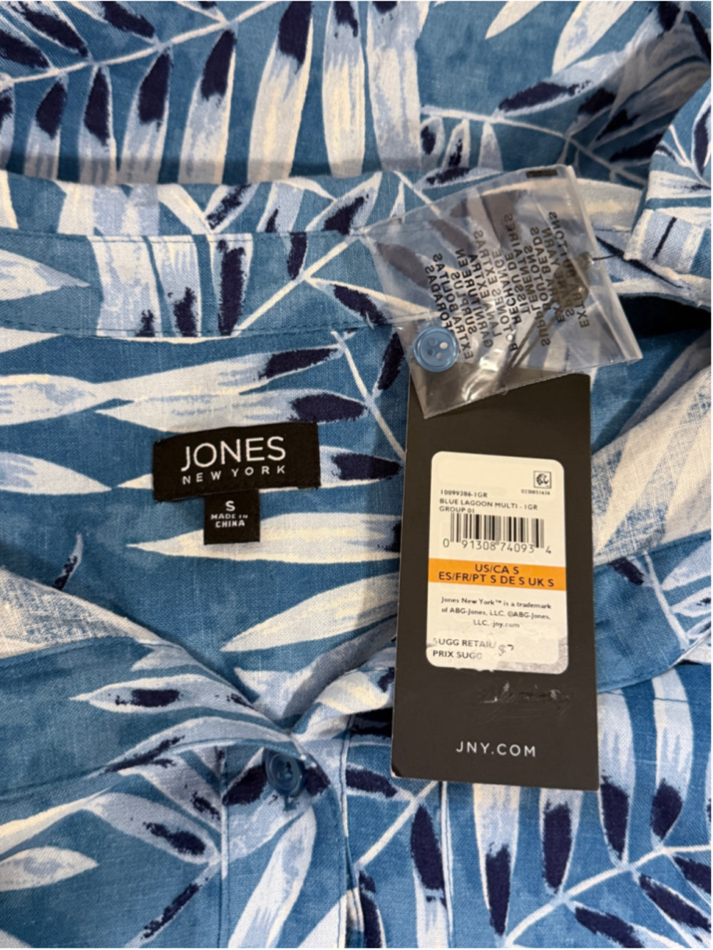 Jones New York Small Button Down Blue Tropical Printed Linen Blend Blouse NWT
