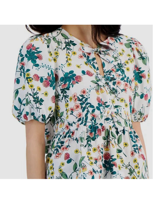 Nautica Jeans Women's Small White & Floral-Print 100% Cotton Peplum Top NWT