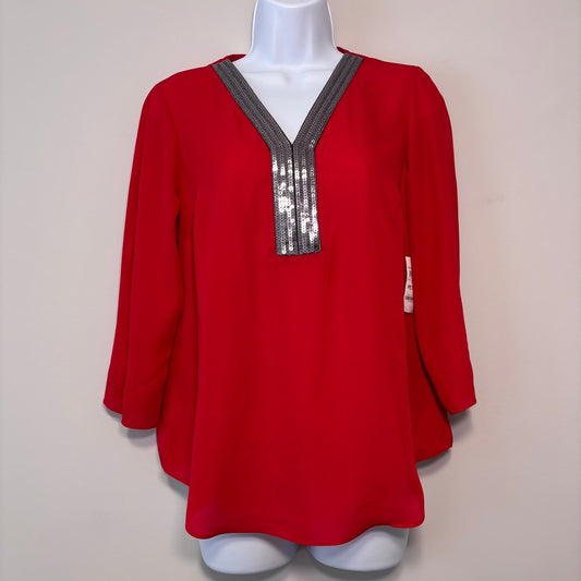 JM Collection Women's Petite Small Red Chiffon Sequin-Trim 3/4-Sleeve Blouse NWT