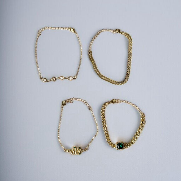 Gold Colored Bracelet Set w/ Green Oval Crystals, Laurel / Leaf & Snake NWT