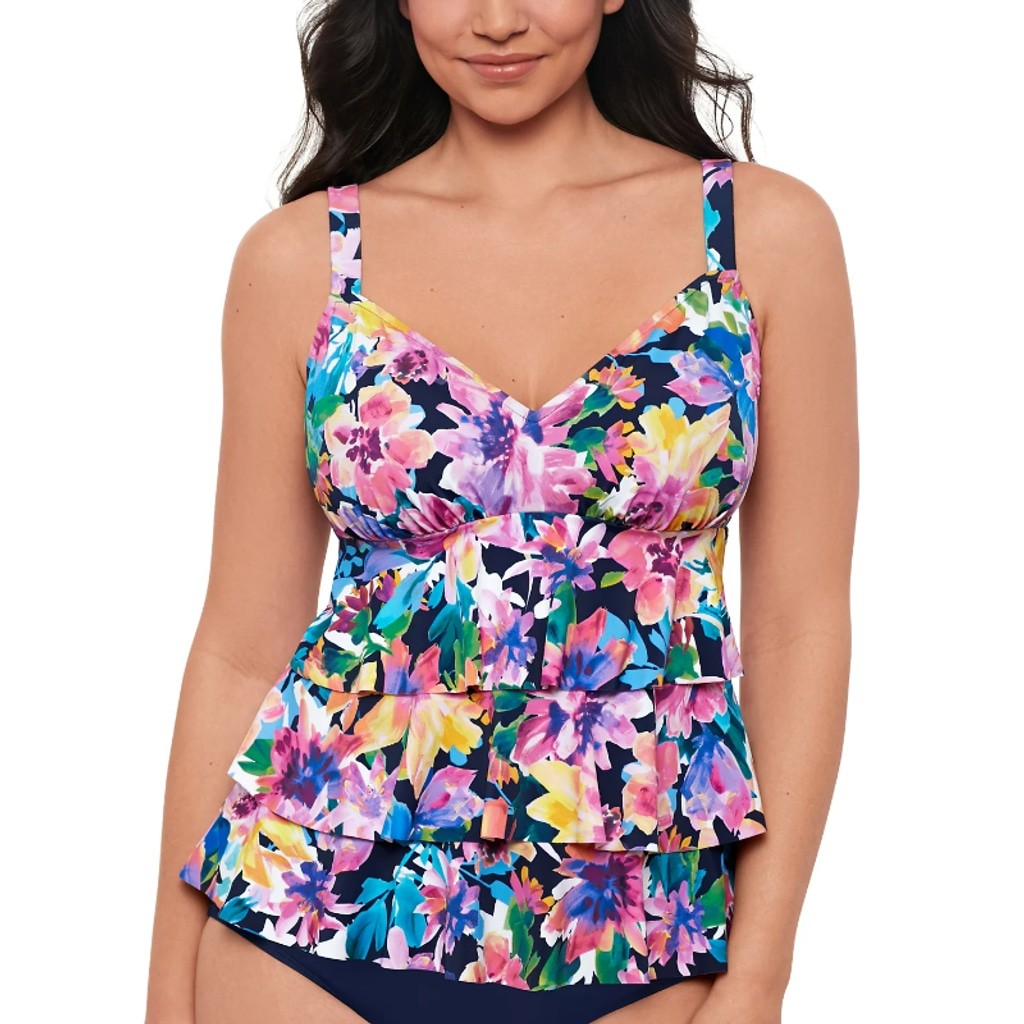 Swim Solutions Women's 10 Multicolor Floral Ruffle Triple-Tiered Tankini NWT