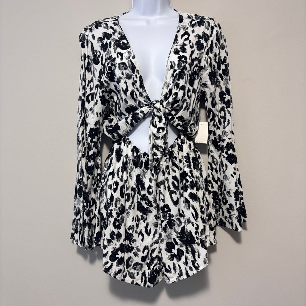 Bar III Women's Small Black White Spot Knot-Front Romper Swim Coverup NWT