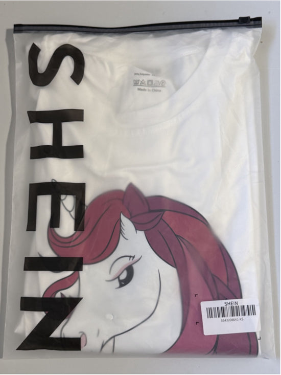 SHEIN Women's Extra Small Oversized & Boxy White Pink Unicorn Graphic Tee NWT