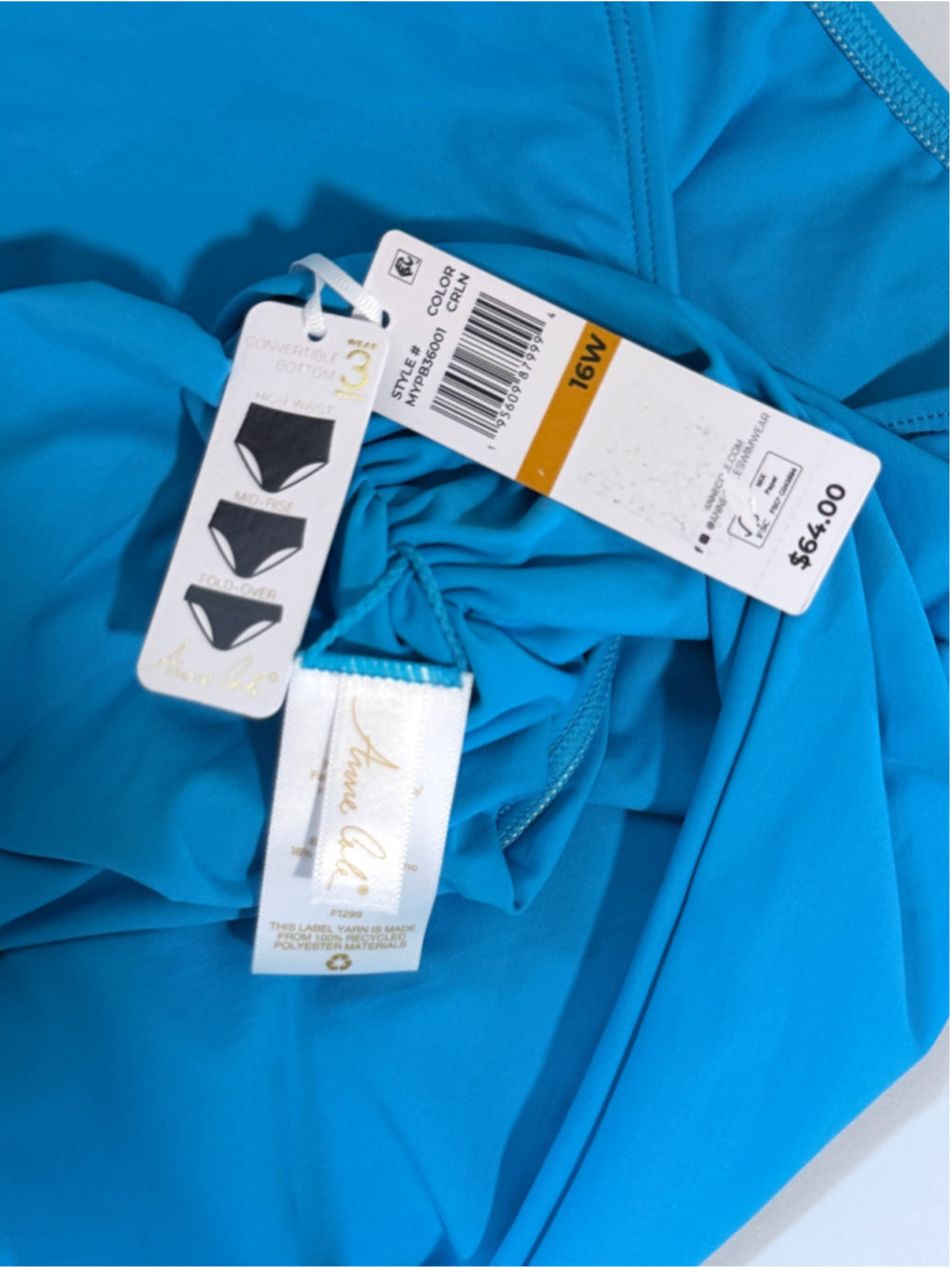 Anne Cole Women's Plus Size 16W Bright Blue High-Waist Bikini Bottoms NWT