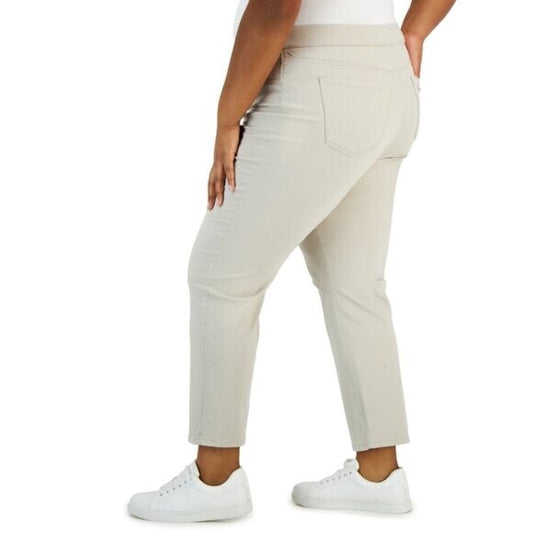 Karen Scott Plus Size Light Beige Elastic Waist Pull-On Stretchy Denim Pants NWT