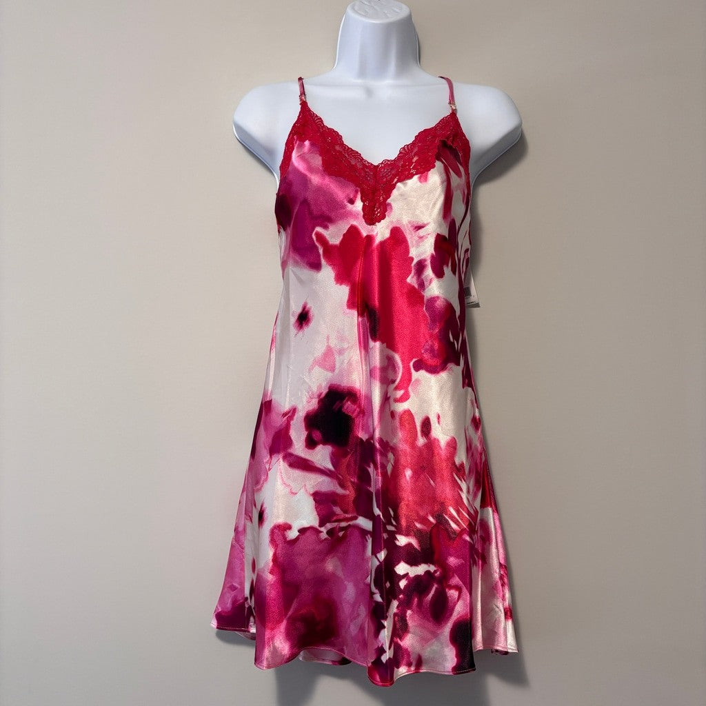 Linea Donatella Women's Small Red & Pink Floral Printed Satin Chemise NWT