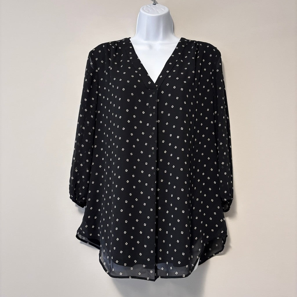 Jones New York Medium Petite Black & White Printed V-Neck 3/4-Sleeves Blouse NWT